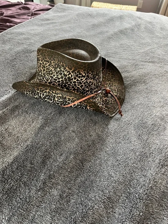 Leopard Print Straw Cowboy Hat - Brown & Tan - Picture 2 of 3